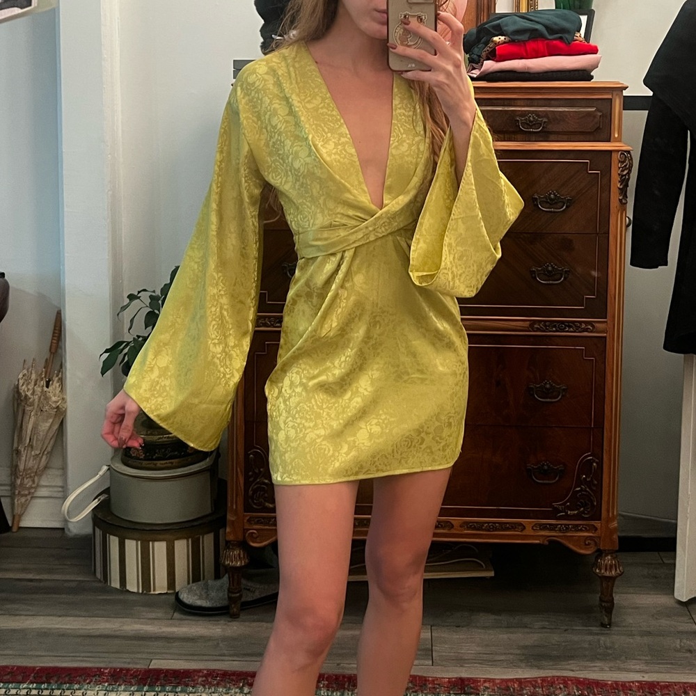 Nasty gal chartreuse jacquard satin deep v neck bell sleeve mini dress